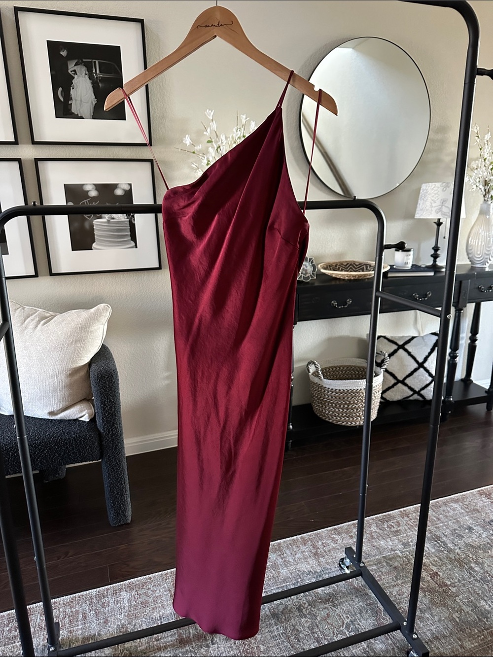 Express One Shoulder Burgundy Satin Slip Dress